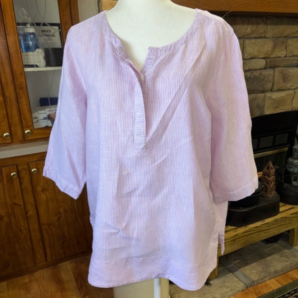 J. JILL LOVE LINEN PINK & WHITE STRIPED HALF SLEEVE TOP BUTTON CHEST SIZE LARGE